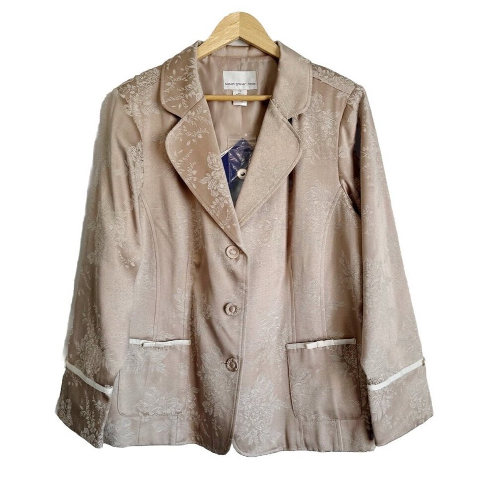 Susan Graver Metallic Beige Floral Jacquard Blazer Women’s 1X Office Casual